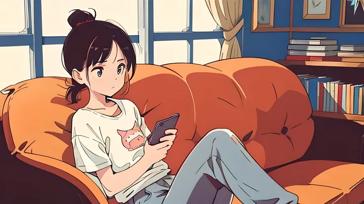 Teenage girl wearing headphones, dressed in a small t-shirt and sneakers., her hair is tied into a high jumpsuit. She is lying on a chair in the dining room.. She looks at her mobile phone. cat plays with shoelaces.