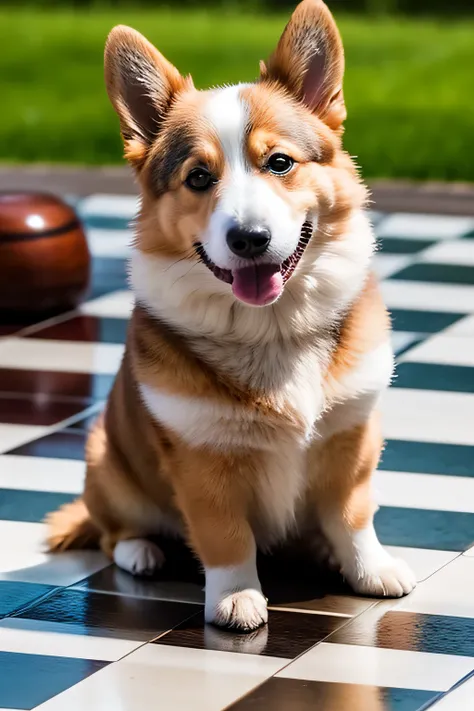 corgi sitting on a chess board