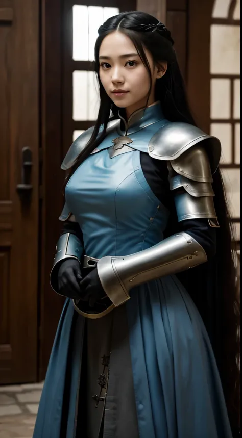 Foto hiperrealista en primer plano de Kim Joo (Korean girl), Create dystopian masterpieces, scene from the Game of Thrones movie, the entire figure dressed in Game of Thrones style, light blue dress with armor accessories, inside a medieval in, beautiful w...