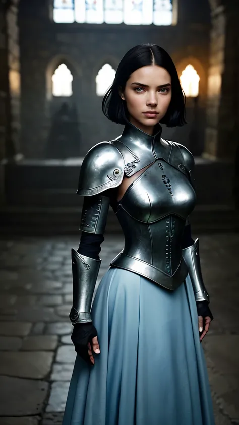 Foto hiperrealista en primer plano de Adriana Lima, Create dystopian masterpieces, scene from the Game of Thrones movie, the entire figure dressed in Game of Thrones style, light blue dress with armor accessories, inside a medieval in, beautiful woman, ski...