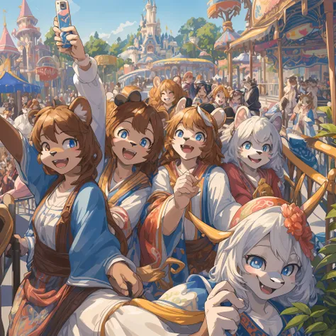 top quality, best quality, High-quality illustrations, masterpiece, super high resolution, detailed background, detailed background, An amusement park, Disneyland, group shot:0.5, 6+boys, 6+girls, Happy, joyful, absurdres(highly detailed beautiful face and...