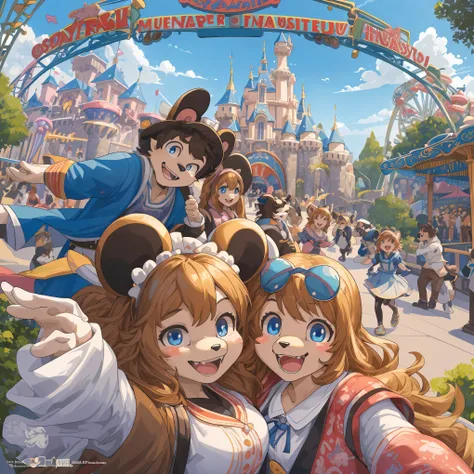 top quality, best quality, High-quality illustrations, masterpiece, super high resolution, detailed background, detailed background, An amusement park, Disneyland, group shot:0.5, 6+boys, 6+girls, Happy, joyful, absurdres(highly detailed beautiful face and...