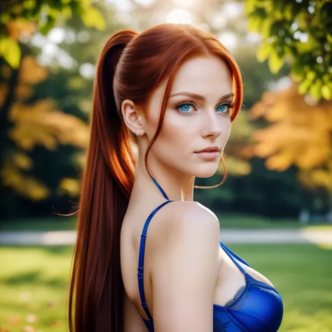 Beautiful redhead woman with captivating blue eyes, draped in a seductive lingerie outfit, exudes an aura of sexiness and strength. Her long, glossy ponytail cascades down her back, framing her serious yet pretty expression. Her thin nose and soft chin are...