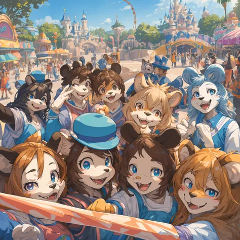 top quality, best quality, High-quality illustrations, masterpiece, super high resolution, detailed background, detailed background, An amusement park, Disneyland, group shot:0.5, 6+boys, 6+girls, Happy, joyful, absurdres(highly detailed beautiful face and...