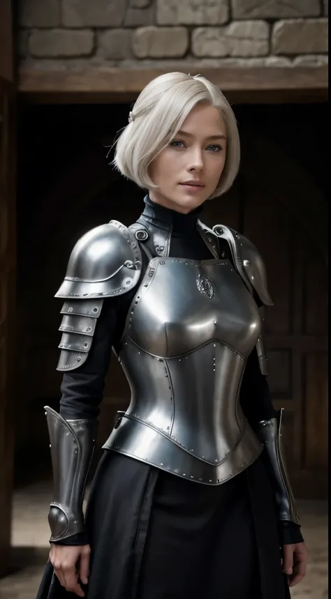 RAW photo of 50 years old Doutzen Kroes, Create dystopian masterpieces, scene from the Game of Thrones movie, the entire figure dressed in Game of Thrones style, black with armor accessories, inside a medieval in, beautiful woman, medium breasts, blond pla...