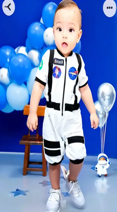 fuzzy baby in a spacesuit in front of balloons, em uma roupa de cadete espacial, vestindo roupa de astronauta, com um traje espacial, Trajes de astronauta, space themed, vestindo um traje espacial, Sobre a Astronautaa, Traje espacial, em traje espacial, as...