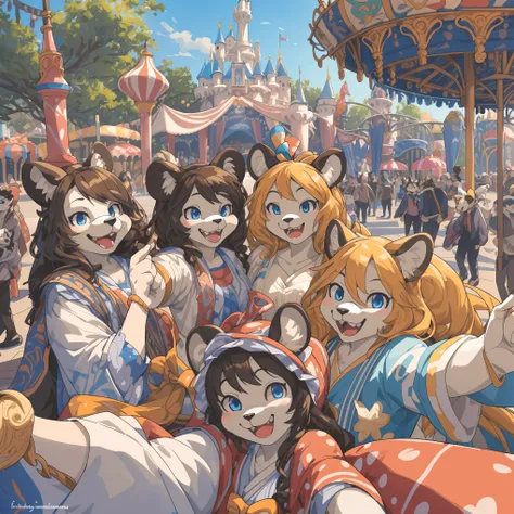 top quality, best quality, High-quality illustrations, masterpiece, super high resolution, detailed background, detailed background, An amusement park, Disneyland, group shot:0.5, 6+boys, 6+girls, Happy, joyful, absurdres(highly detailed beautiful face and...