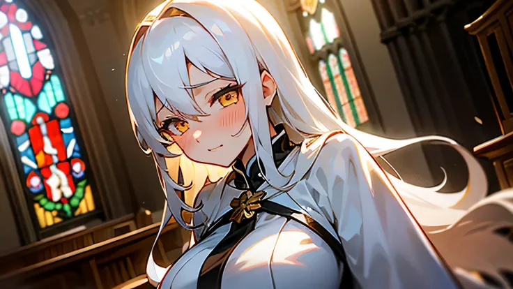 elder sister，Royal sister，bust，white hair，Long curly hair，golden eyes，blush，shy expression，big breasts，30 year old woman，Church background，Intense light and shadow，night，Sexy祭祀服，mess up your hair，always looking at camera，Sexy，Church stained windows