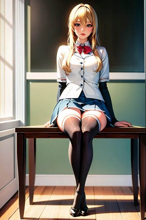 Blonde girl sitting on a bench in a room with a window, a hyperRealistic , hyperRealistic , Realistic , seductive anime girl, Smooth Anime CG Art, hips and skirt, anime barbie in white stockings, photoRealistic anime girl render, on the table, [ 4k digital...