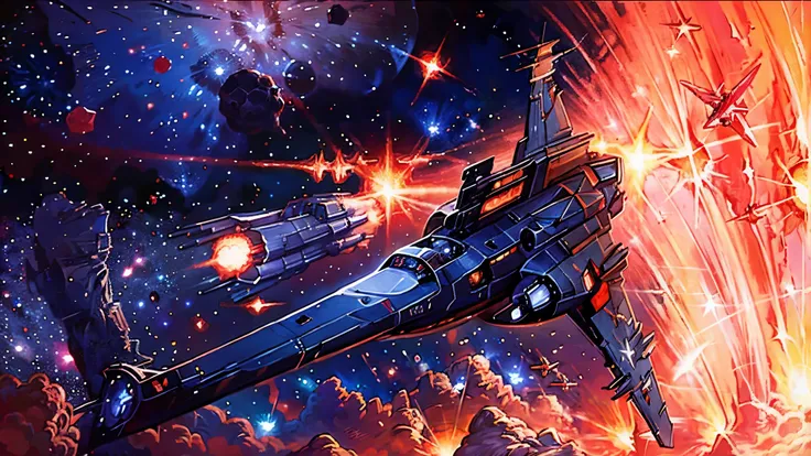 massive starfleet of warships cruisers and fighters engages into battle firing lasers and rockets, space, galaxies, nebulas, stars, space opera