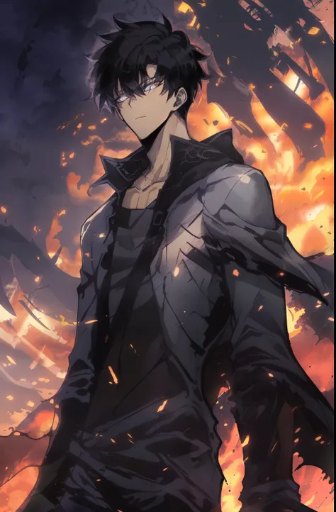 Anime character with black hair and black coat standing in front of a fire, badass anime 8 k, inspirado em Okumura Masanobu, fire!! corpo inteiro, Papel de parede anime 4k, fire behind him, 4k anime wallpapers, Anime Wallpaper 4k, 4 k manga wallpaper, Gati...