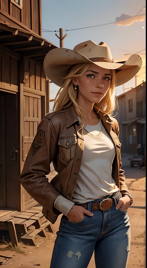 Foto hiperrealista en primer plano de 20 years old Maria Bello, masterpiece, best quality, (photorealistic:1.4), (cowboy outfit, jacket over shirt, dirty pants, cowboy hat) Create dystopian masterpieces. Western theme, dusty atmosphere, wooden buildings, a...