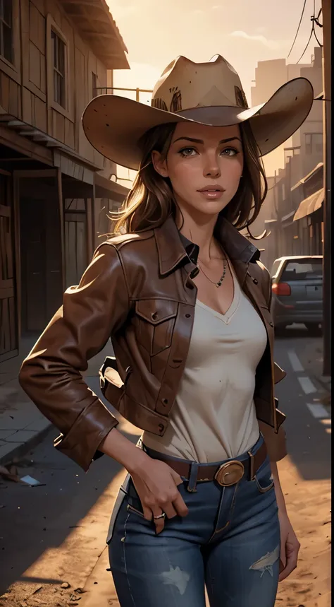 Foto hiperrealista en primer plano de Kate Beckinsale, masterpiece, best quality, (photorealistic:1.4), (cowboy outfit, jacket over shirt, dirty pants, cowboy hat) Create dystopian masterpieces. Western theme, dusty atmosphere, wooden buildings, a setting ...