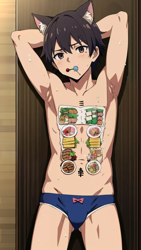 Highres, Masterpiece, Best quality at best,Best Quality,hight quality, hight detailed, 1boy, Shota, Cat ear, Nyotaimori, On table, (Food on his body), (very young boy), Underwear, 12-year-old boys, Armpit, hansome, Sweat