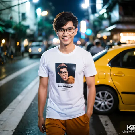 Masterpiece--------------), (Highest quality----------), (Ultra Definition-------), (Very Detailed Photo reality--), cute and handsome face, Thai glasses guys, 20 years old, wearing a t shirt, wearing a wet basic style underwear, no pants, standing on a Ba...