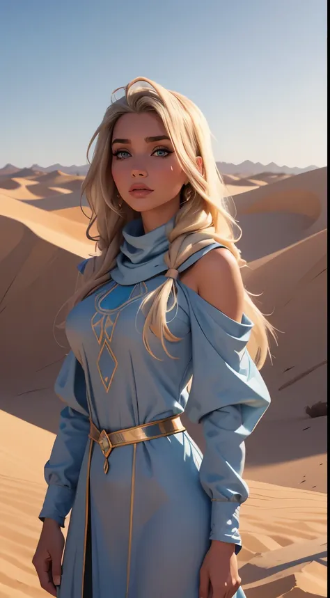 Foto hiperrealista en primer plano de Emily Sears, Create dystopian masterpieces. in a full cover bedouin bedouin costume (light blue long tunic) on the desert, beautiful woman, skinny, large breasts, straight blond hair, detailed face, photo taken from a ...