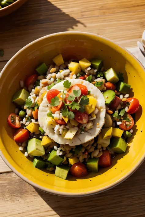 Generate an appealing image of healthy dishes, captured from above, with vibrant colors and as much realism as possible. Ensure there are no people in the image and avoid the presence of utensils.