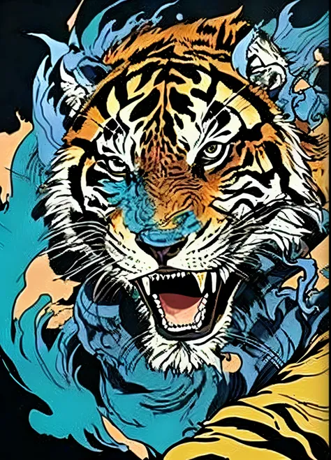 a close up of a tigre on a black shirt with a blue background, ((tigre)), tigre_bestia, inspirado en Kanō Hōgai, por Brian Fies, Mark Brooks detallado, Estilo de Hydro74, inspirado en Kanō Naizen, inspirado en Kawanabe Kyōsai, Estética del arte de Nychos, ...