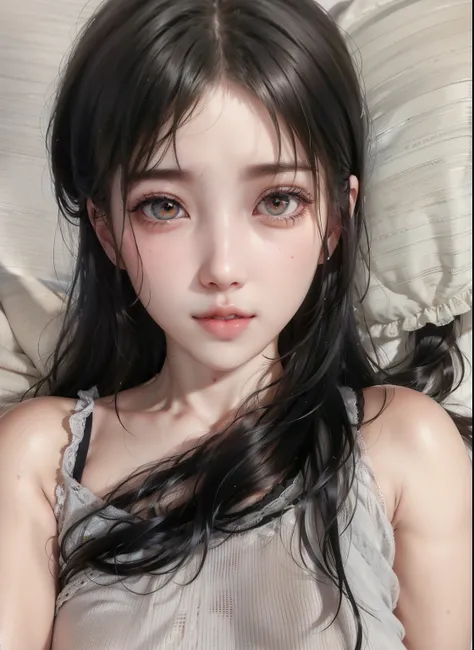 Arafed asian woman with long black hair lying on a bed, Ulzzang, dilraba dilmurat, Jinyoung Shin, jaeyeon nam, linda mulher sul-coreana,  coreana, Heonhwa Choe, adorable and pale korean face, young lovely korean face, pale round face, linda jovem coreana, ...