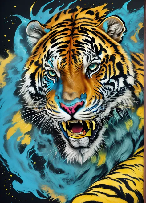 tigre with blue and yellow colors on black background with splashes, ((tigre)), tigre, tigre_bestia, cosmic tigre, tigres, Arte vectorial altamente detallado, half tigre, sacred tigre, Martin then, amazing detailed art style, anthropomorphic tigre, full co...