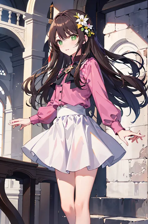 masterpiece quality，Highest Quality Assurance。brown hair、Cute girl with green eyes。Tsundere，please wear a short skirt，exude magical power，pink dress，long hair，Naughty，adorable,during the day，Sacred，white church，Holy Church