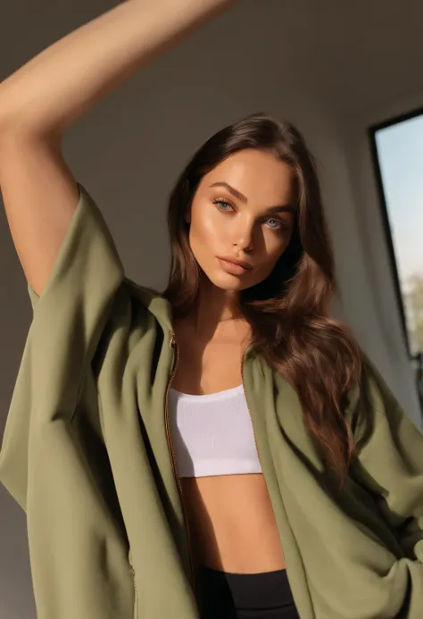 arafed woman in a cozy Prada hoodie, sexy girl with green eyes, portrait sophie mudd, brown hair and large eyes, selfie of a young woman, bedroom eyes, violet myers, without makeup, natural makeup, looking directly at the camera, face with artgram, subtle ...