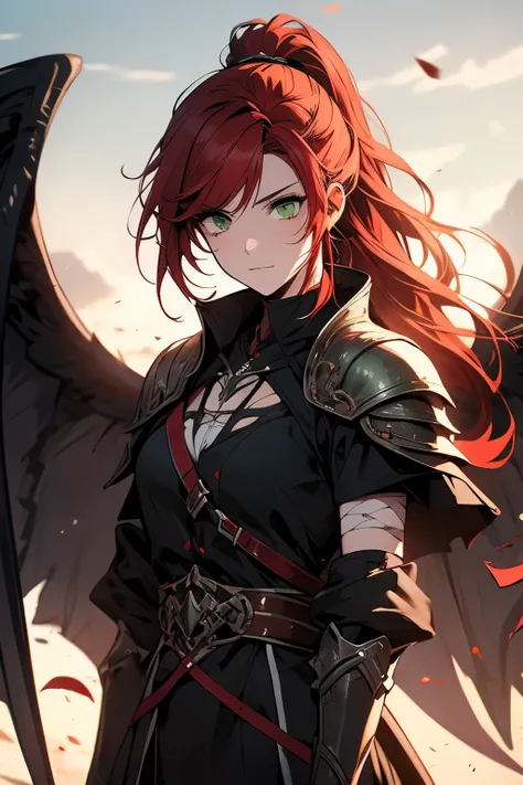 1 girl, redhair, red hair, tied ponytail, green eyes, cleric armor, skeletal wings, black devil wings, bloodied bandages on arms