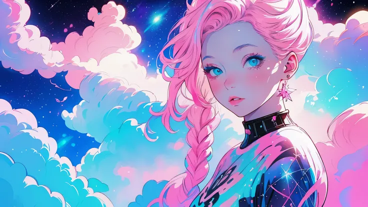 a person with pink hair and blue eyes, a beautiful city and a galaxy. Beautiful and impressive works of art, Bright shadows, strong colors, Cotton candy in pastel colors, Linear and detailed illustration, digital art