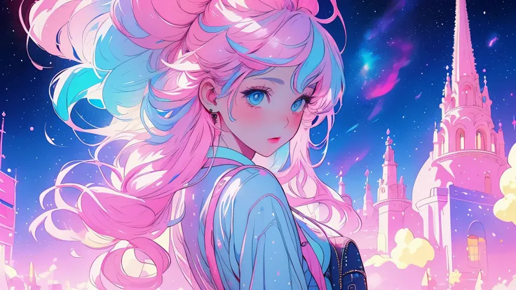 a person with pink hair and blue eyes, a beautiful city and a galaxy. Beautiful and impressive works of art, Bright shadows, strong colors, Cotton candy in pastel colors, Linear and detailed illustration, digital art