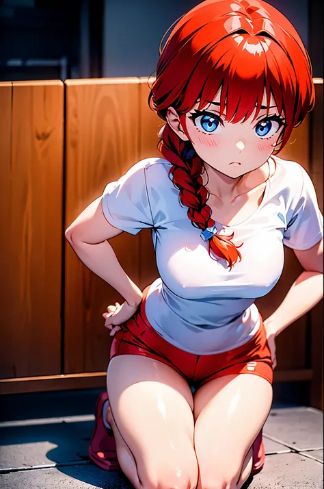 Camisa CirGarota anime ruiva vestindo blusa rosa, garota 16 anos, jovem, corpo perfeito,corpo com volume regular, pele clara, seios grandes aredondados, red hair with braid, beautiful lighting, olhos azuis, pernas bonitas, garota agachada, girl kneeling on...