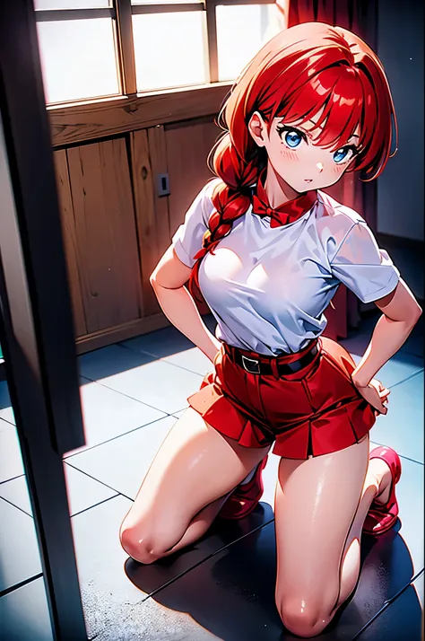 Camisa CirGarota anime ruiva vestindo blusa rosa, garota 16 anos, jovem, corpo perfeito,corpo com volume regular, pele clara, seios grandes aredondados, red hair with braid, beautiful lighting, olhos azuis, pernas bonitas, garota agachada, girl kneeling on...