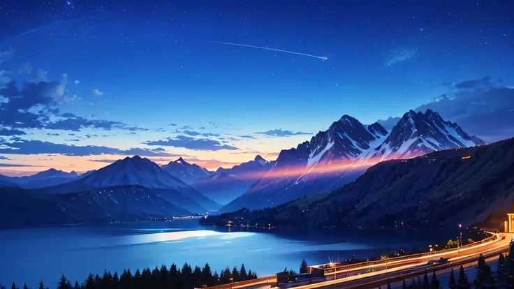 night, Mountain range in the background, the lake in front of the mountains, An ancient city glows on the other side of the lake