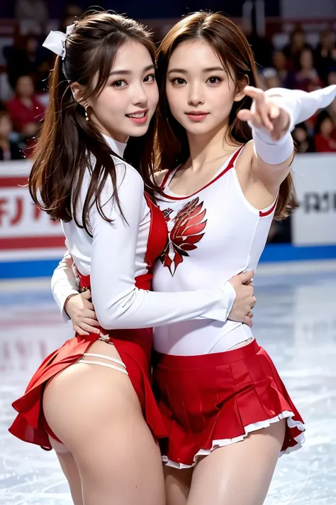 2 female、duo,(Super beautiful)、(beautiful faces:1.6)、(detailed faces:1.5)、(detailed eyes:1.1)、(detailed lips:1.1)、(detailed noses:1.1)、(brown hair)、(Doing figure skating)、(anatomically correct movements:1.3)、(Red costume)、(White panties under the skirt:1.2...