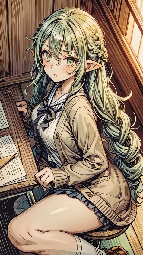 masterpiece, best quality, extremely detailed, detailed background, detailed face, break 1girl, (wavy hair, light green hair, li...