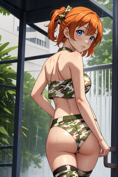 Masterpiece, best quality, from side,Kousaka honoka, blue eyes, (orange hair:0.8), white head band,sad, strapless crop top, Camouflage paint,army shorts, (exposed ass cheeks:1.2),Camouflage print thighhighs, big breasts , looking back , wet, raining day