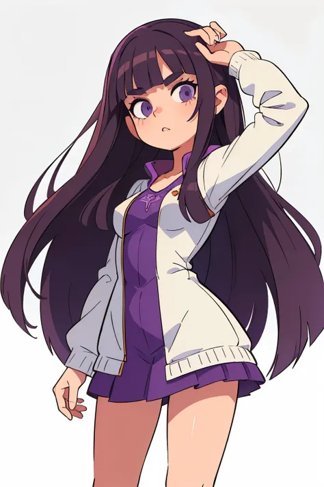 ((melhor qualidade, obra-prima)), 
uma 1girl, em uma jaqueta, brunette with big purple bangs and long flowing hair, fundo branco, grita com todo mundo