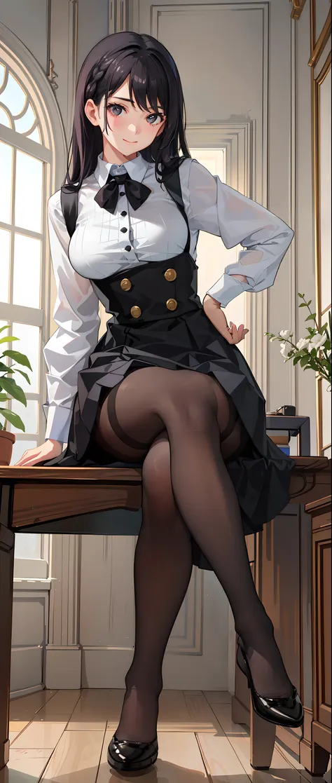 1girl in、a smile、a delightful!　the shirt、skirt by the、（）pinafore、doress、hair adornments、（maids）、((bend over)) 、under the desk 、 ...