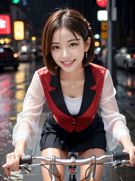 girl alone in the rain、blush、((red bicycle))、((riding a bicycle and smiling))、look at the audience、heavy rain、big and full breas...