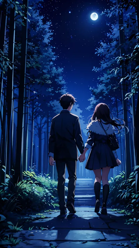 A teenage boy and girl hold hands at night and walk into the dark forest while the moon is in the sky