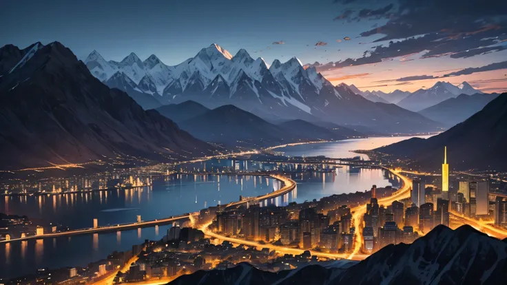 Very dark night, Mountain range in the background, the lake in front of the mountains, An ancient city glows on the other side of the lake, darkness 