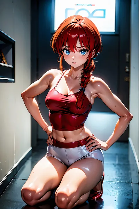 Garota anime ruiva vestindo blusa rosa, garota 16 anos, jovem, corpo perfeito,corpo com volume regular, pele clara, seios grandes aredondados, red hair with braid, beautiful lighting, olhos azuis, pernas bonitas, garota agachada, girl kneeling on the floor...