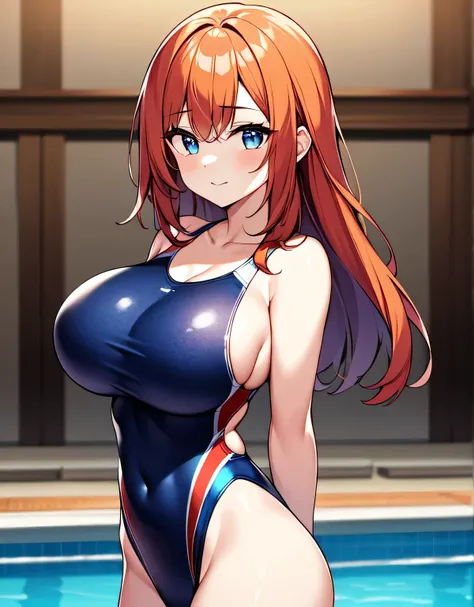 indoor pool,blue one-piece swimsuit,Swimsuit,(big breasts:1.5),looking at the viewer,Are standing,(((masterpiece))),((highest quality)),perfect anatomy,8K UHD,highly detailed face,luster and luster,((1 girl)),((alone)),beautiful and fine eyes,perfect image...