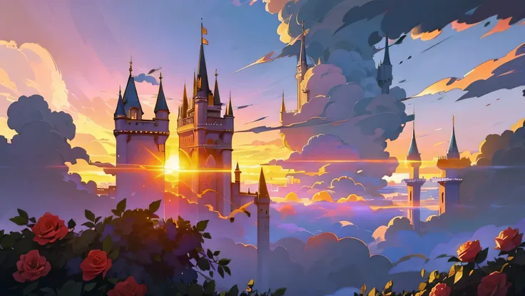 a castle floating in the sky on a big cloud, golden hour, romantic and nostalgic, flowers and roses