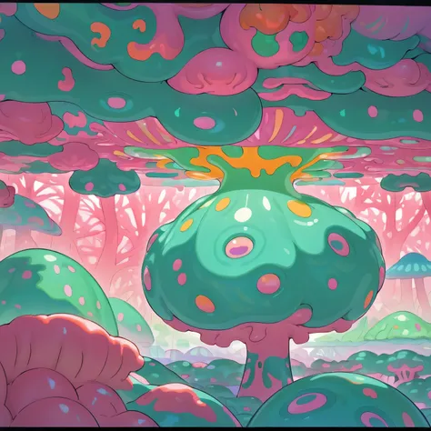 plastic mysterious organic coral structure pastel teal yellow green pink orange inflatable psychedelic world lush forest landscape by bruce pennington and kevin wada and Yayoi Kusama