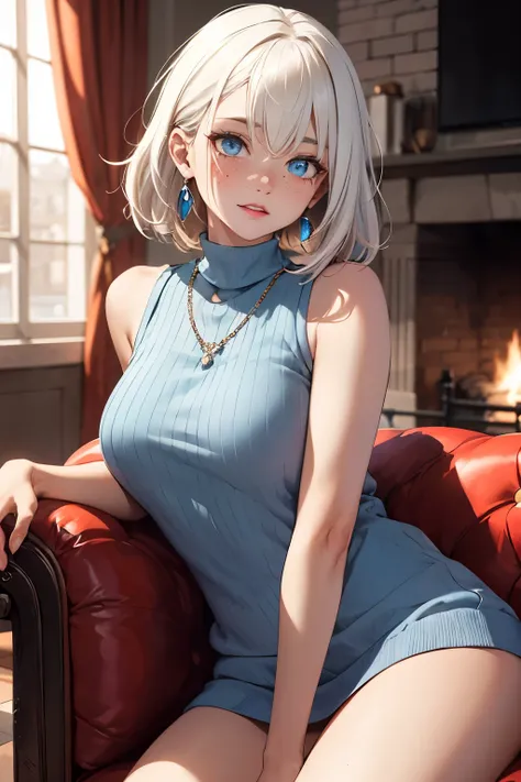 ((best quality)), ((masterpiece)), (detailed), Ridiculous resolution, ultra high resolution, hyper resolution, (masterpiece:1.4), Hyper-detailing, a woman. She is 17 years old. White hair. She has bangs in her hair. red lips. she is blushing. she has freck...