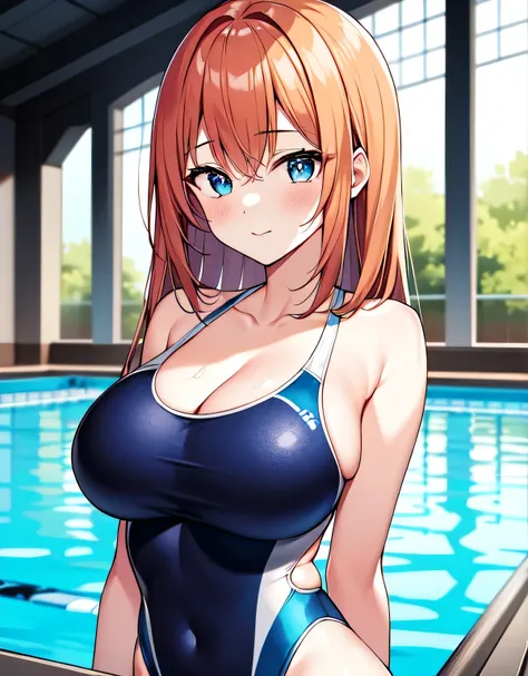 indoor pool,blue one-piece swimsuit,Swimsuit,(big breasts:1.5),looking at the viewer,Are standing,(((masterpiece))),((highest quality)),perfect anatomy,8K UHD,highly detailed face,luster and luster,((1 girl)),((alone)),beautiful and fine eyes,perfect image...