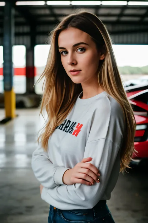 RAW photo, 24 year old Welsh woman, casual clothes, messy hair, slim build, at garage with supercar, shallow depth of field, (high detail skin: 1.2), 8k uhd, DSLR, soft light, high quality, film grain, 20mp, Fuji XT3 , 80mm, Hasselblad, 