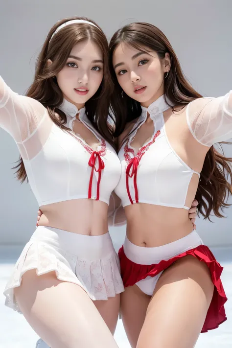 2 female、duo,(Super beautiful)、(beautiful faces:1.6)、(detailed faces:1.5)、(detailed eyes:1.1)、(detailed lips:1.1)、(detailed noses:1.1)、(brown hair)、(Doing figure skating)、(anatomically correct movements:1.3)、(Red costume)、(White panties under the skirt:1.2...