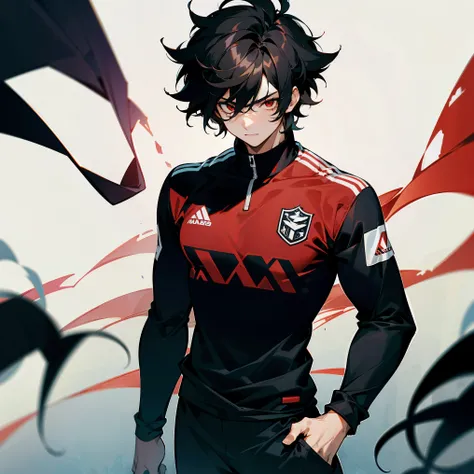 1male ,Messy Hair , Black Hair , Young Male , Soccer Jersey , Long Sleeves , Red Eyes , Muscular , Standing on soccer field 