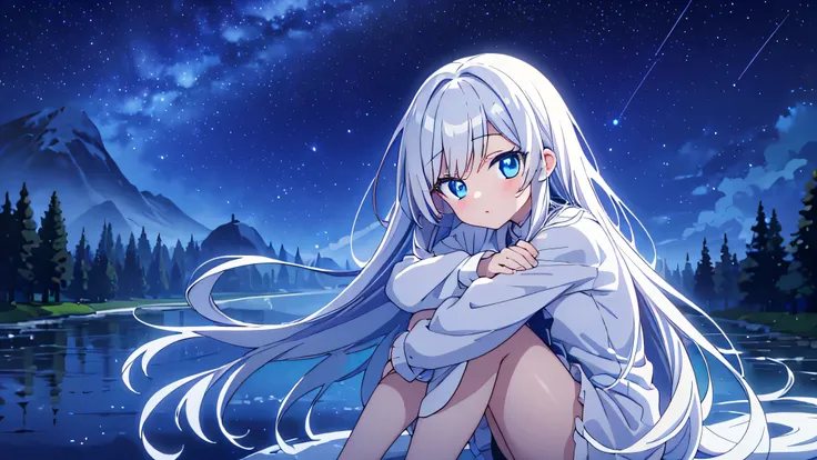 Very dark night, Stars in the sky, River,low forest, is sitting, Hugging your legs, One cute anime girl, white long hair , Blue eyes, white clothes, there are small holes in the clothes, Dirty clothes, looks thoughtful, Girl looking at the stars.